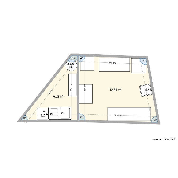 CUISINE. Plan de 2 pièces et 18 m2