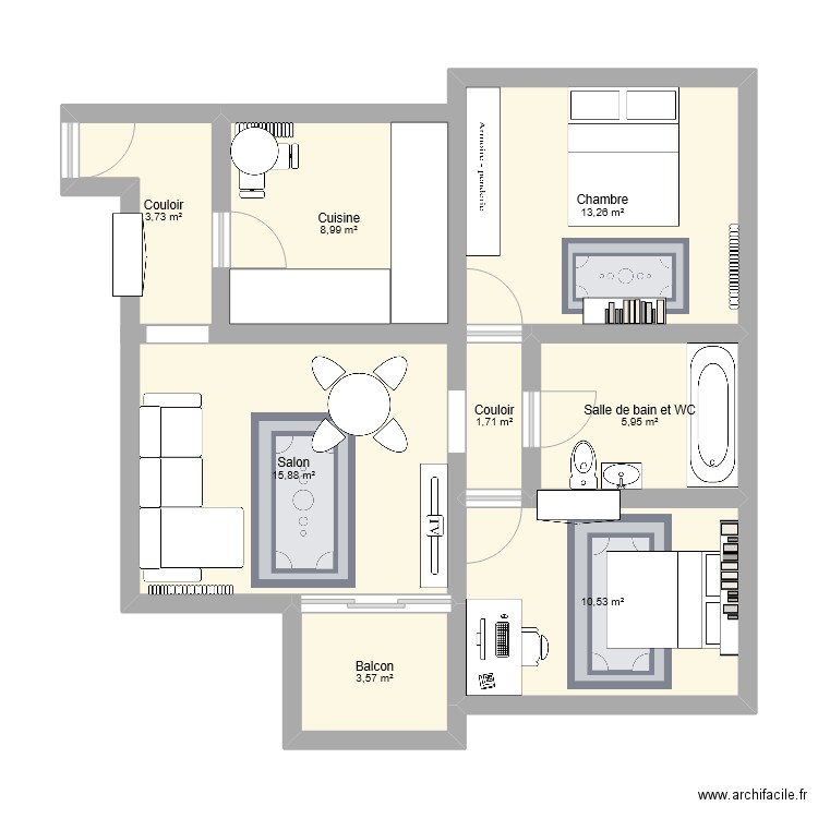 Appartement Temple 17. Plan de 8 pièces et 64 m2