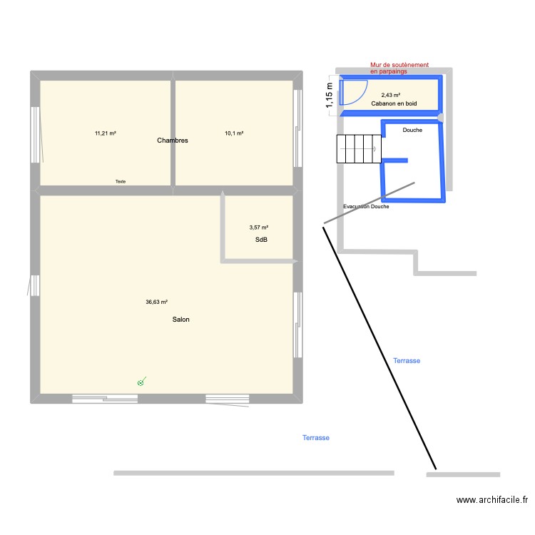 Douche extérieure. Plan de 5 pièces et 64 m2