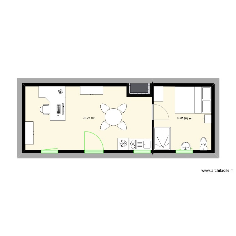 rénovation pour usage bureau. Plan de 3 pièces et 32 m2