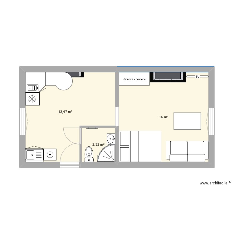 APPT Ouest Etage. Plan de 3 pièces et 32 m2