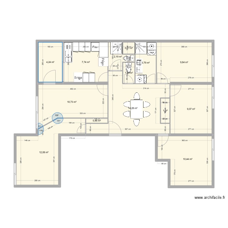 CLF2 après travaux. Plan de 14 pièces et 88 m2