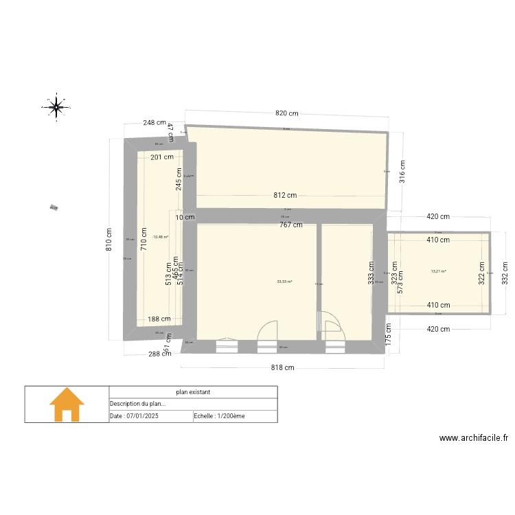 plan existant. Plan de 3 pièces et 60 m2