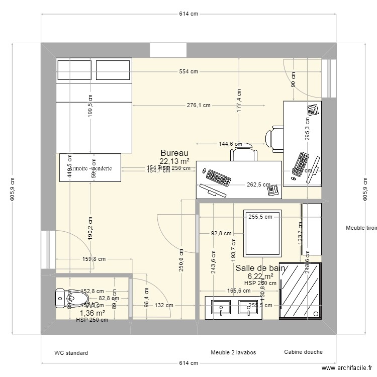 Plan bureau avec WC et salle d'eau. Plan de 3 pièces et 30 m2