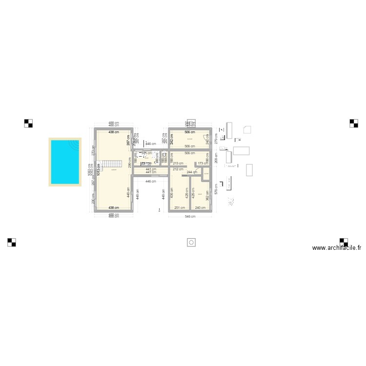 plan au 11-08-24 en H-retourné avec monopente. Plan de 13 pièces et 134 m2