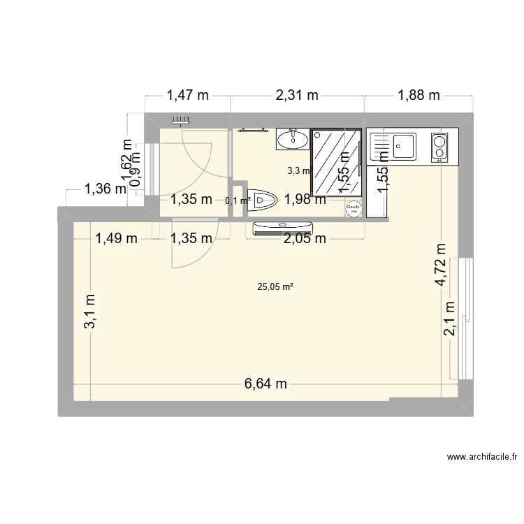 CHAUGNE. Plan de 3 pièces et 28 m2