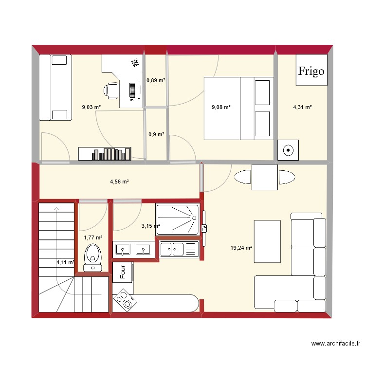 R+1. Plan de 10 pièces et 57 m2