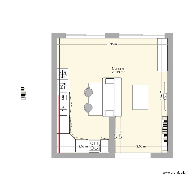 salon cuisine. Plan de 1 pièce et 29 m2