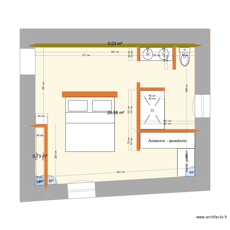 chambre 2. Plan de 3 pièces et 27 m2