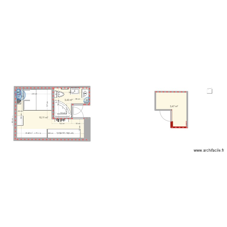 CHB SDB. Plan de 3 pièces et 17 m2