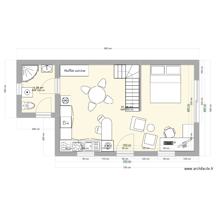 Rez de chaussée. Plan de 2 pièces et 36 m2