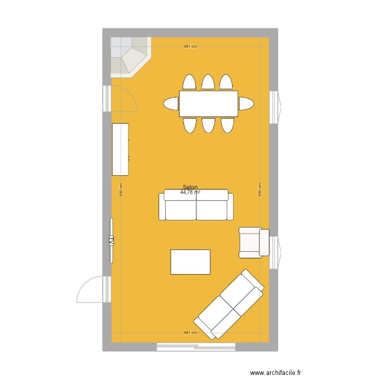 Salon. Plan de 1 pièce et 45 m2