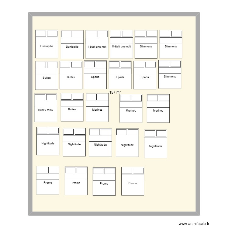 Literie. Plan de 1 pièce et 157 m2