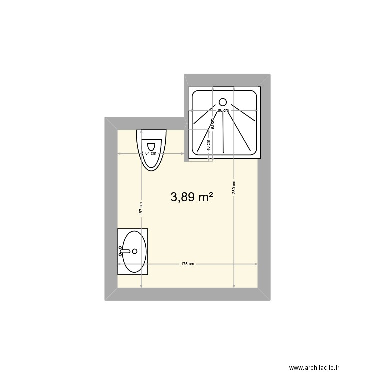 Douche étage. Plan de 1 pièce et 4 m2