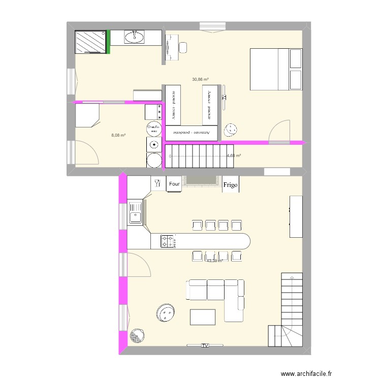 Cecile plan rdc projet complet murs colorés. Plan de 0 pièce et 0 m2