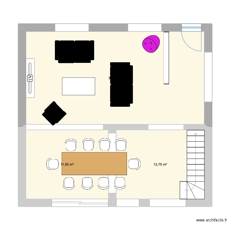 Salon Marie. Plan de 3 pièces et 59 m2