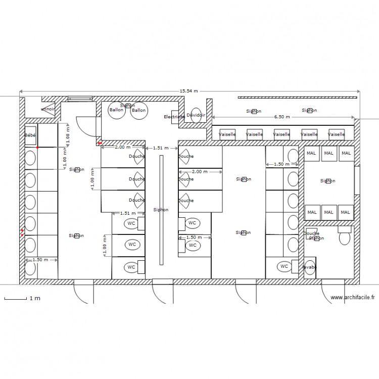 Sanitaire 200pl V2 cotes internes. Plan de 0 pièce et 0 m2