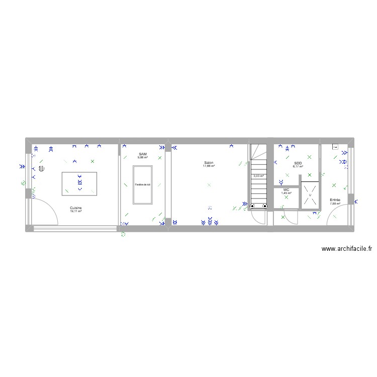 Maison - RDC. Plan de 7 pièces et 65 m2