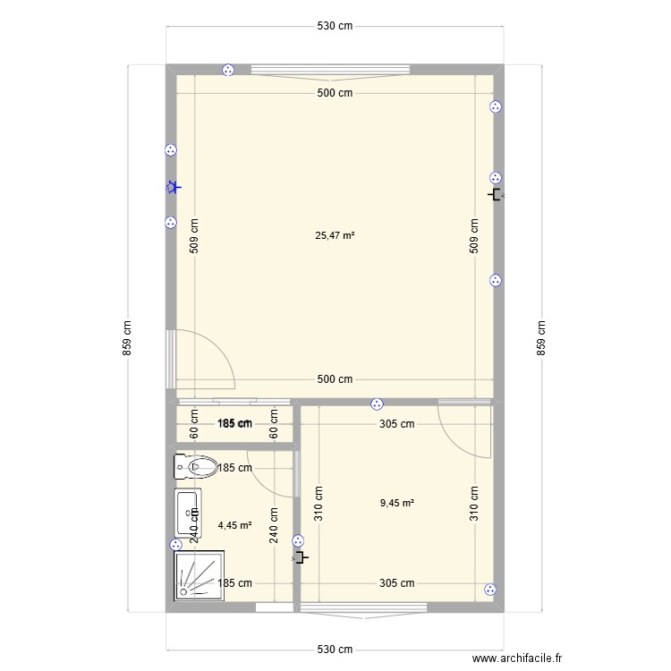 F2 RDC gauche. Plan de 4 pièces et 40 m2