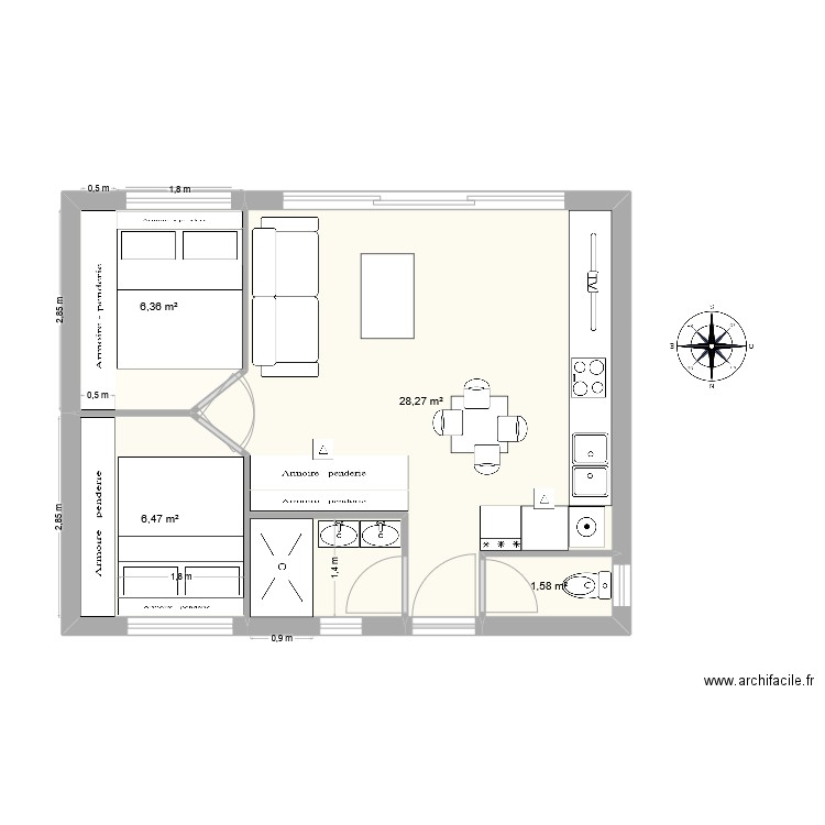 T3 42 m2. Plan de 4 pièces et 43 m2