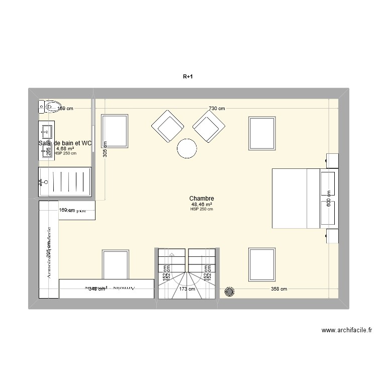 Niveau R+2. Plan de 2 pièces et 53 m2