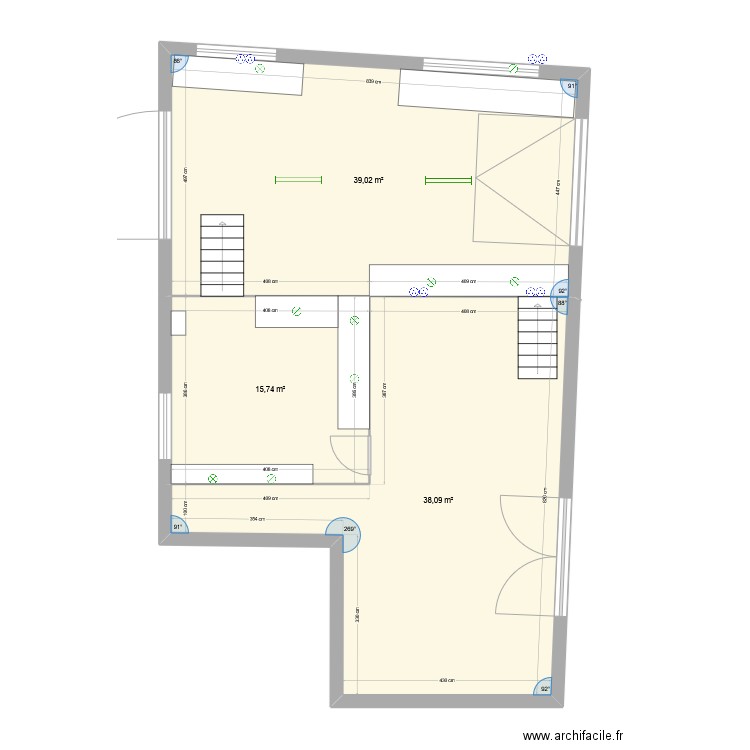 extension. Plan de 3 pièces et 93 m2