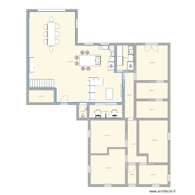 Plan maison pièce de vie. Plan de 15 pièces et 174 m2