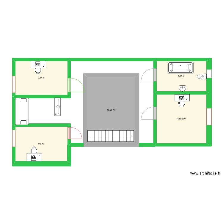 1ére étage tarak. Plan de 5 pièces et 56 m2