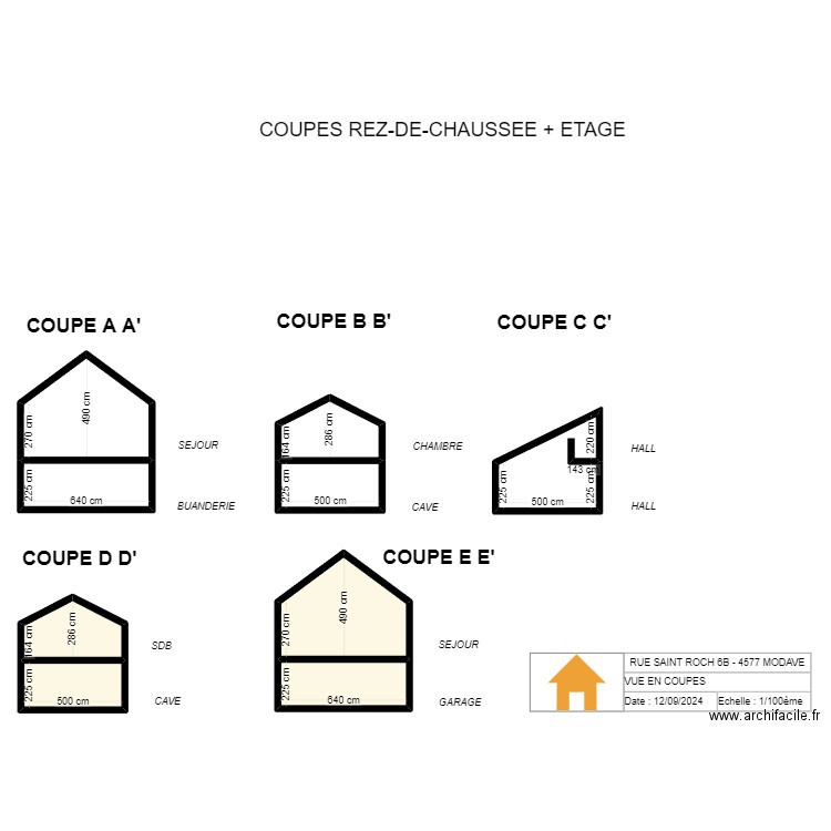 V.RADOUX - VUE EN COUPES - 1/100. Plan de 9 pièces et 141 m2