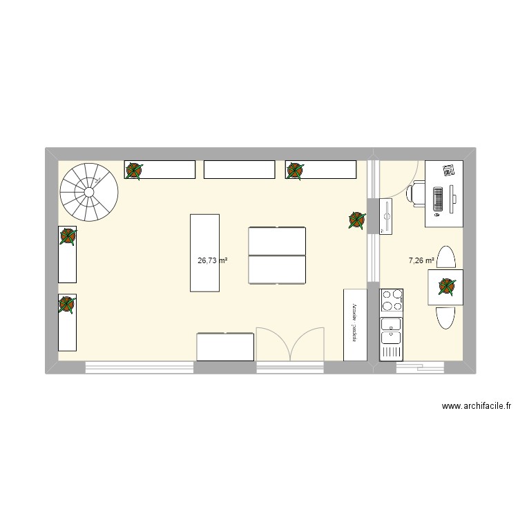 magasin. Plan de 2 pièces et 34 m2