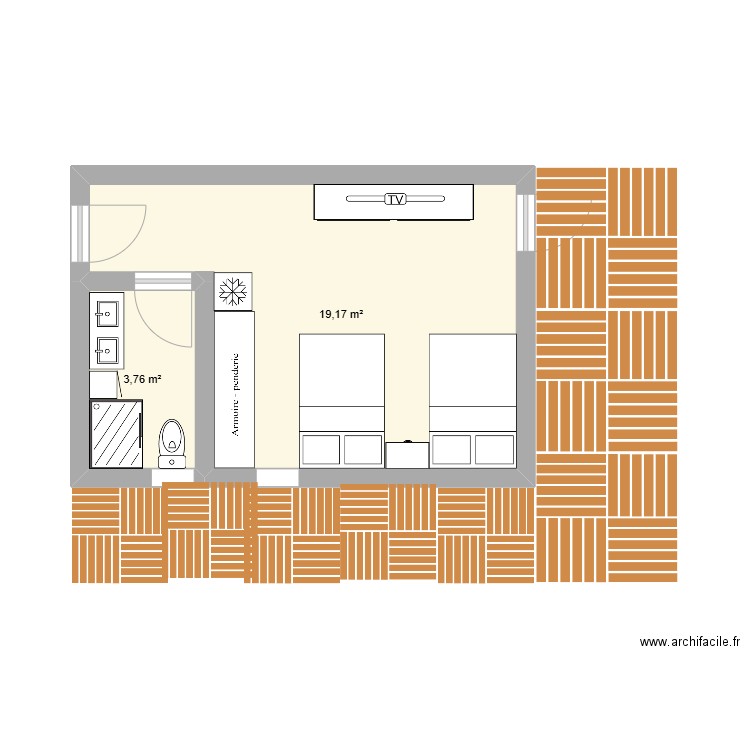 studio gardien saly. Plan de 2 pièces et 23 m2