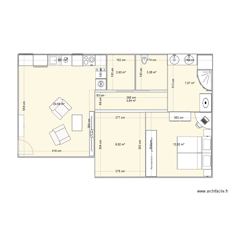 deux. Plan de 7 pièces et 65 m2