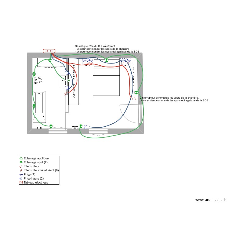 Chambre et SDB. Plan de 1 pièce et 21 m2