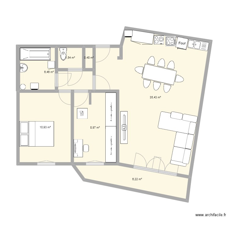 T3 Blanc Mesnil. Plan de 7 pièces et 70 m2