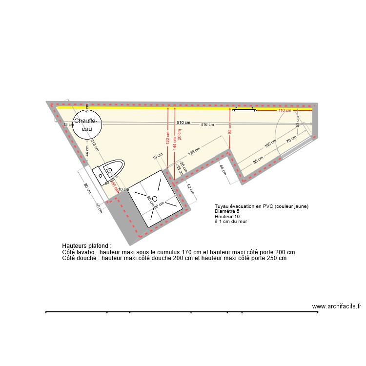 Salle de bain sans ameublement. Plan de 1 pièce et 6 m2