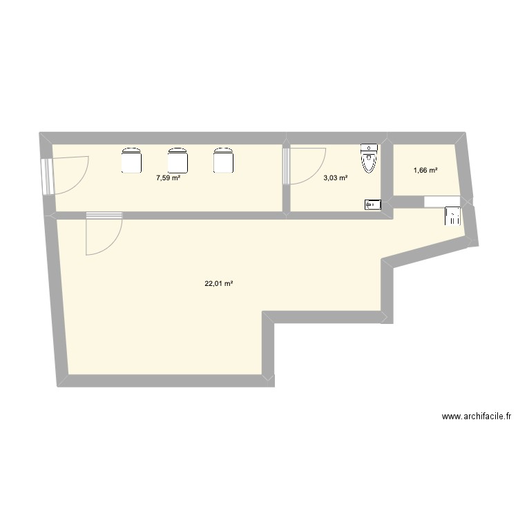 local pro toilettes PMR. Plan de 4 pièces et 34 m2