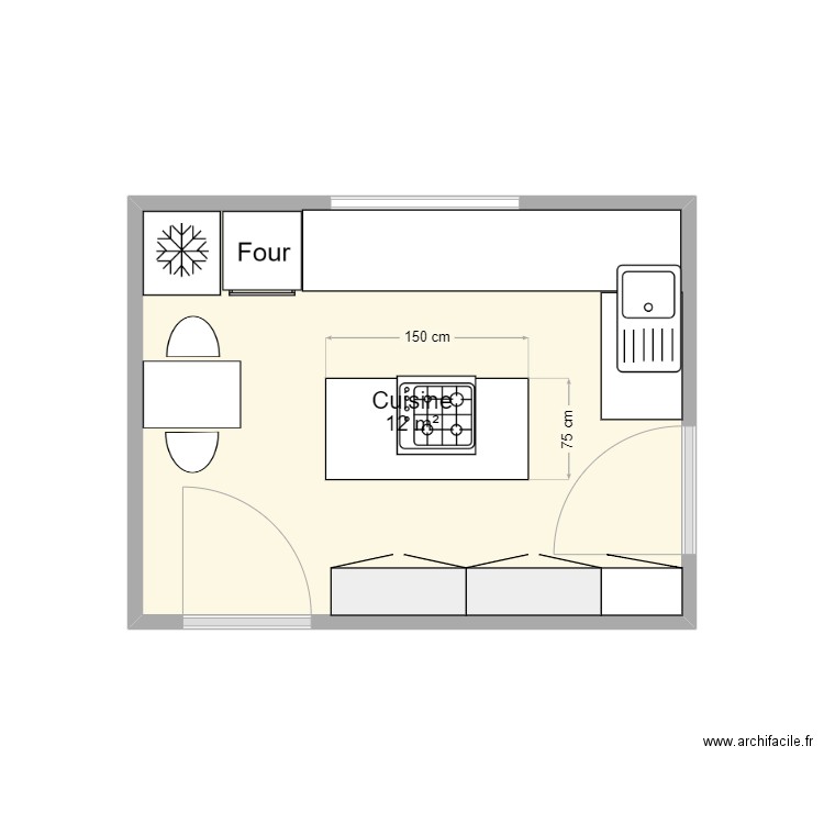 Plan cuisine. Plan de 1 pièce et 12 m2