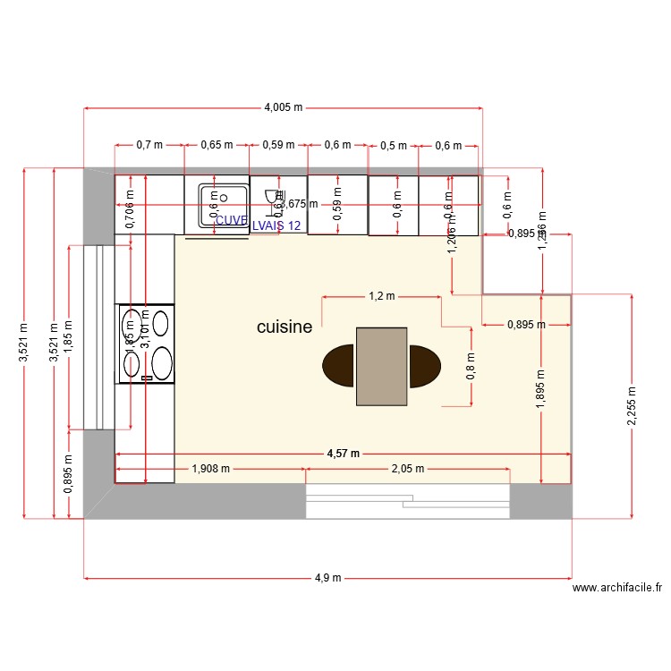 cuisine implantation évier et lave-vaisselle . Plan de 1 pièce et 13 m2