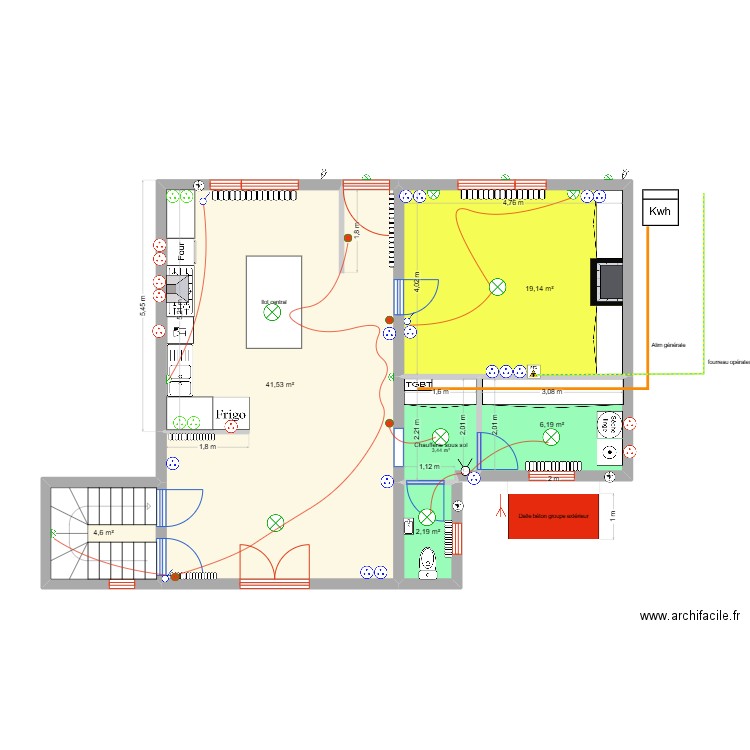 Plan Rdc - Bombart état futur lot électricité. Plan de 6 pièces et 77 m2