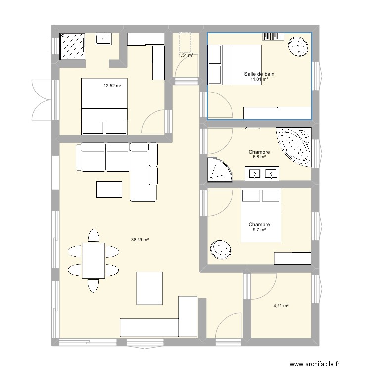 Sei. Plan de 7 pièces et 85 m2