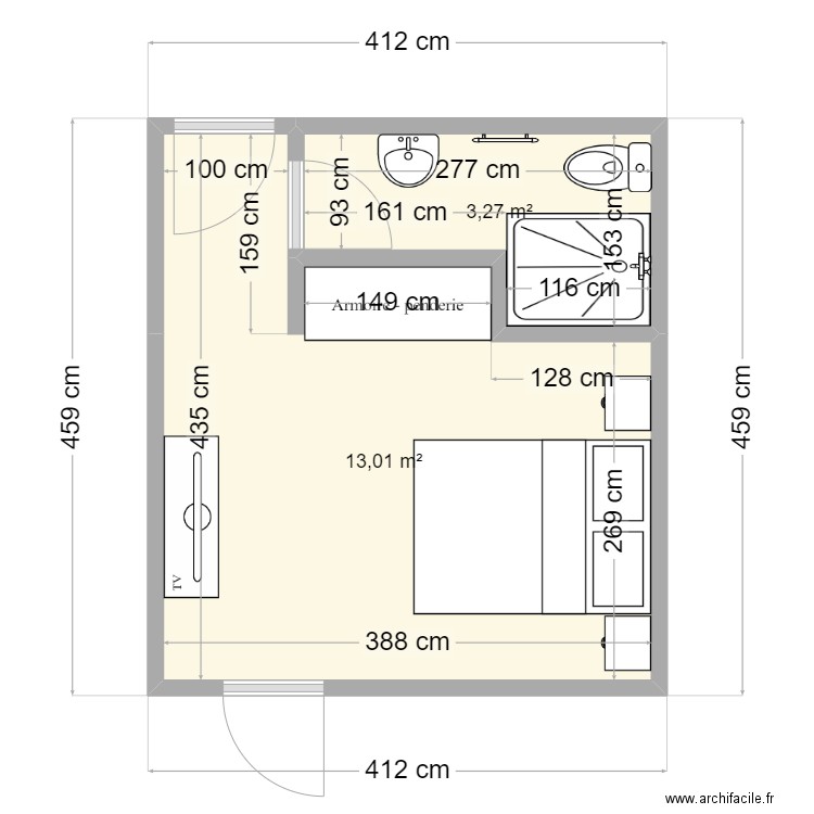 Model Hôtel du lac. Plan de 2 pièces et 16 m2