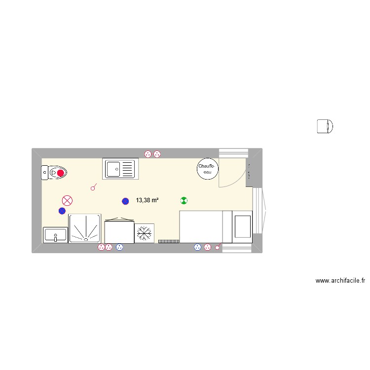 chambre 13m2. Plan de 1 pièce et 13 m2