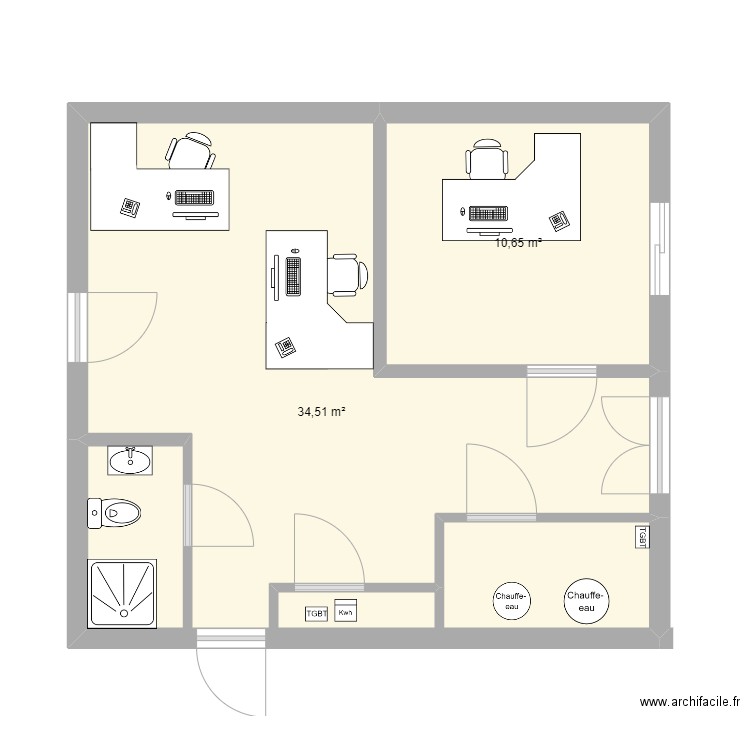 hermitage bureau. Plan de 2 pièces et 45 m2