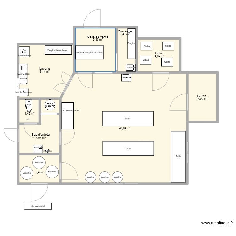 Fromagerie. Plan de 10 pièces et 75 m2