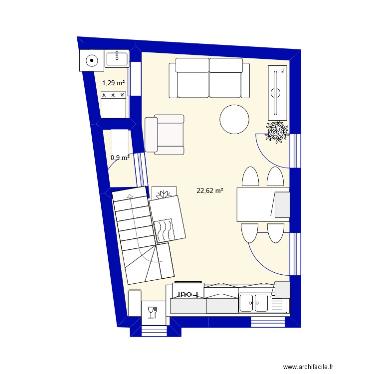 rdc. Plan de 3 pièces et 25 m2