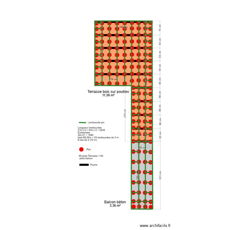 Implantation terrasse. Plan de 2 pièces et 15 m2