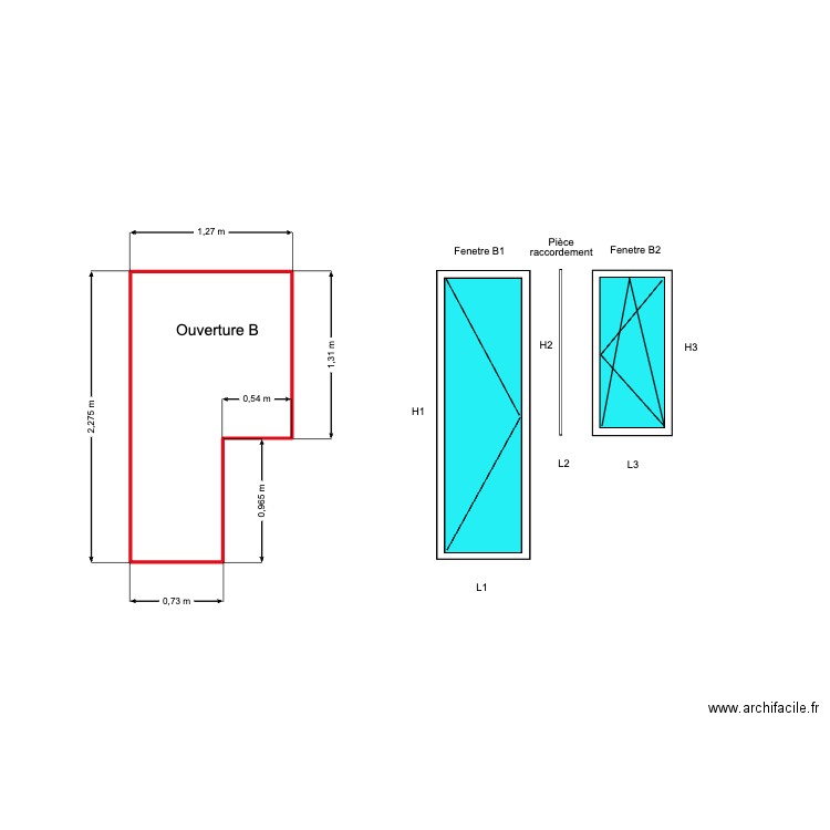 Fenetres pour Ouverture B. Plan de 1 pièce et 2 m2