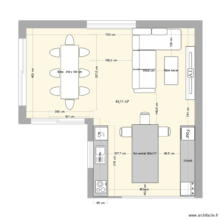 salon + cuisine. Plan de 1 pièce et 46 m2