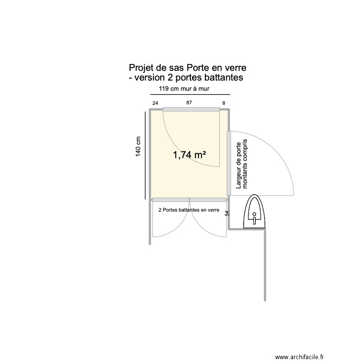 Sas Entrée Version 2 portes. Plan de 1 pièce et 2 m2