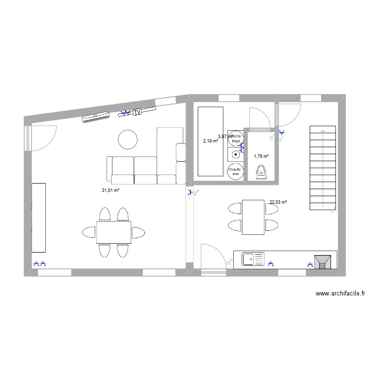 Petit waret rez de chaussée. Plan de 5 pièces et 63 m2